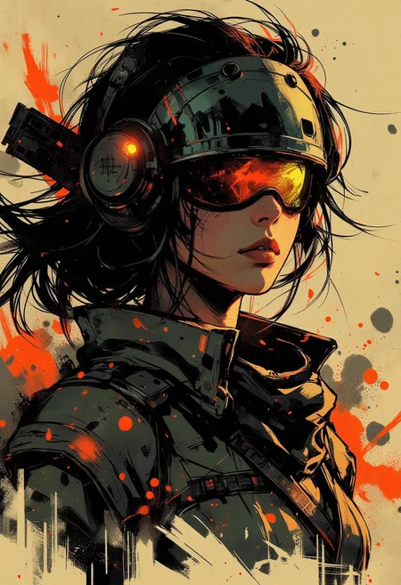 in the style of ck-mgs, nistyle, Special Ink-drawing mode, intricate linework with expressive contrasts, Mh1$AgThS2, Inkplash art on rice paper, sepia, henna , Silhouette Art, magnificent, inksplash closeup portrait of stunning japanese female sc-fi soldier, helmet, mirrored visor reflecting jungle environment
