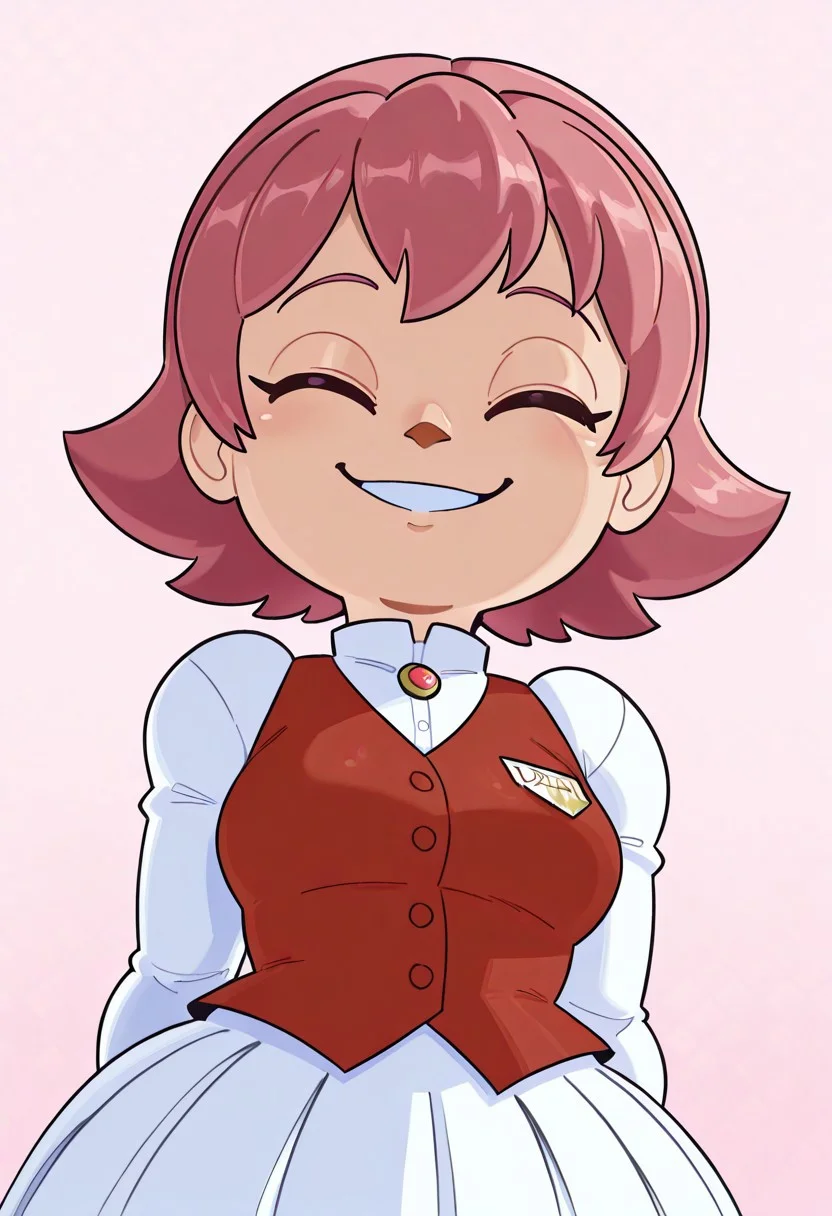 , detalied, extremely detailed, beautiful, patterned background, beautiful lighting,
1girl, shortstack,ACFemaleVillagerMK8, pink hair,cute clothes (red vest, white shirt,white skirt,), small breasts, wink,front view, happy ,smiling,closeup, upper body shot, dynamic angle