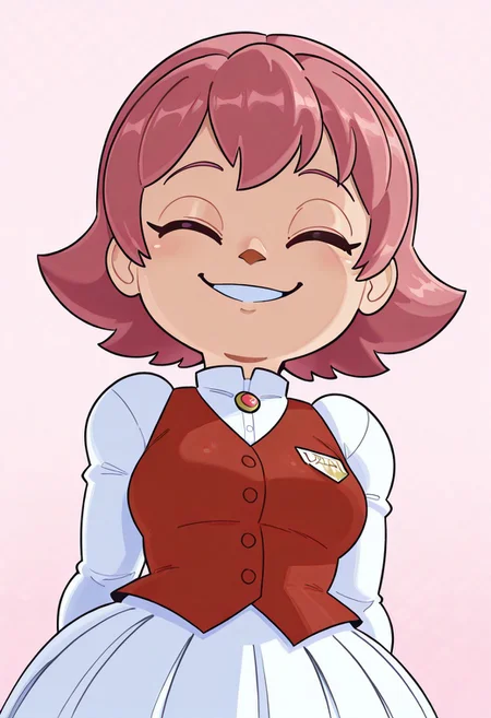 , detalied, extremely detailed, beautiful, patterned background, beautiful lighting, 
1girl, shortstack,ACFemaleVillagerMK8, pink hair,cute clothes (red vest, white shirt,white skirt,), small breasts, wink,front view, happy ,smiling,closeup, upper body shot, dynamic angle