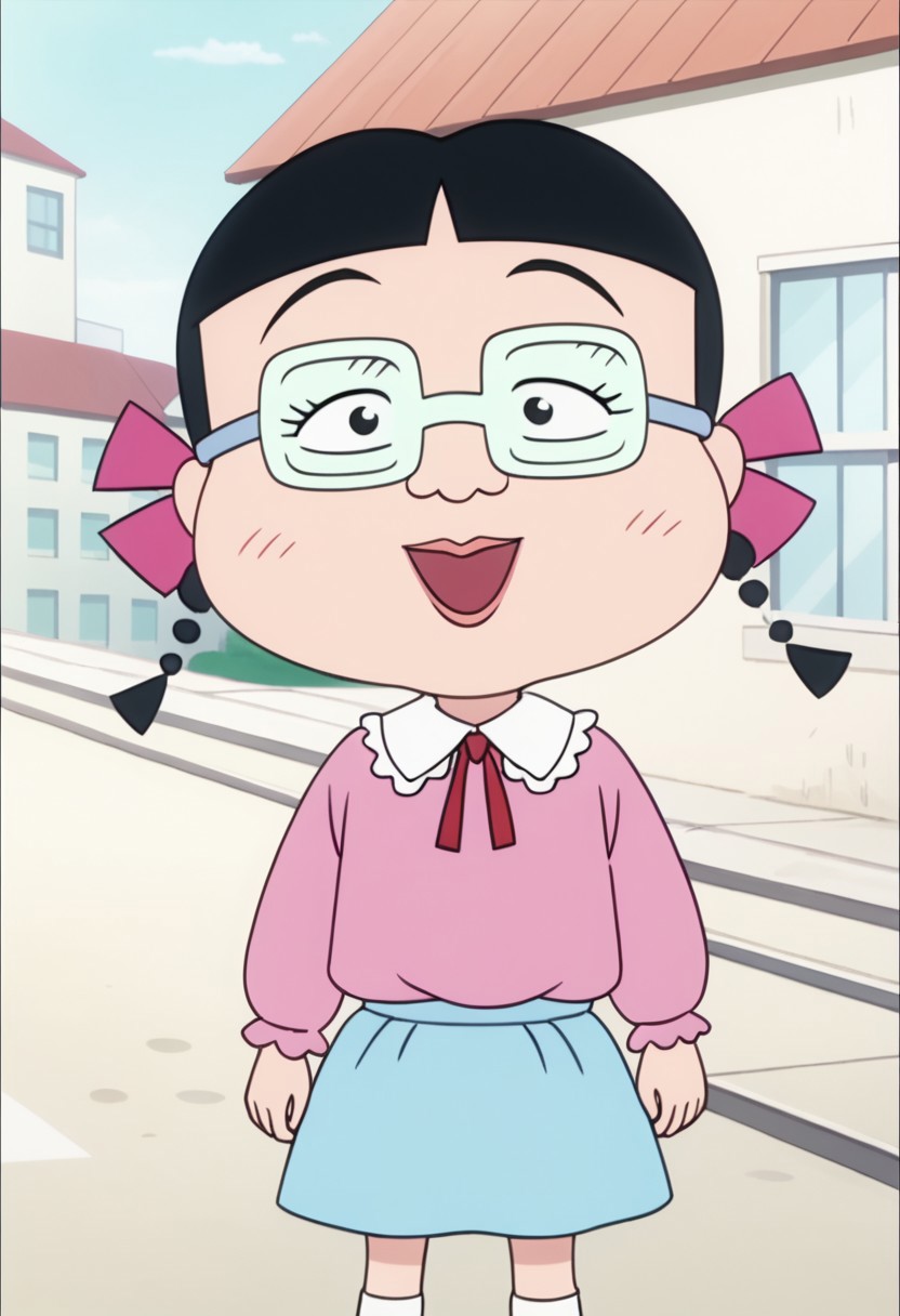 score_9, score_8_up, score_7_up BREAK MigiwaSan, 1girl, black hair, black eyes, blunt bangs, braided pigtails, pink ribbons, square crystal glasses, pink lipstick, white-collared pink long-sleeved shirt, light blue skirt, white socks, pink mary-jane shoes, solo, solo focus, female, female focus, full body, screenshot, official art, parody, anime footage, official design, screencap, anime screenshot, official screenshot, 2d, anime, source_anime, smiling at viewer, city outdoors, city background,