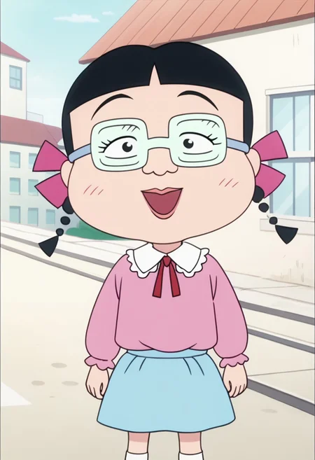 score_9, score_8_up, score_7_up BREAK MigiwaSan, 1girl, black hair, black eyes, blunt bangs, braided pigtails, pink ribbons, square crystal glasses, pink lipstick, white-collared pink long-sleeved shirt, light blue skirt, white socks, pink mary-jane shoes, solo, solo focus, female, female focus, full body, screenshot, official art, parody, anime footage, official design, screencap, anime screenshot, official screenshot, 2d, anime, source_anime, smiling at viewer, city outdoors, city background,