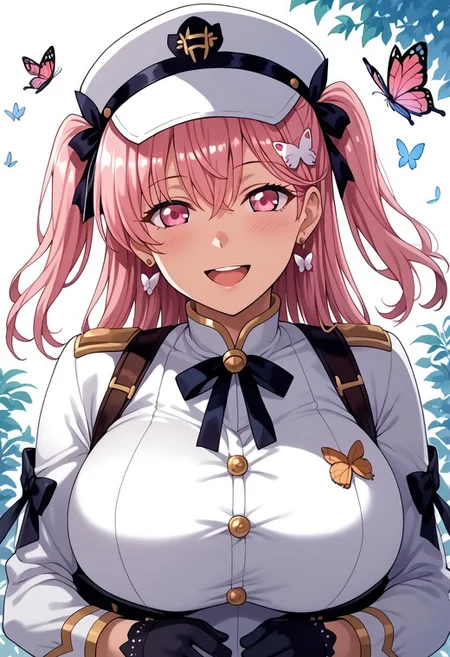 score_9, score_8_up, score_7_up, source_anime,mogudan,1girl,alone,smile,shiny_clothes,shiny_skin,five fingers,1 girl,large breast,alone ,HiromachiNanami, long hair,hair between eyes, two side up, cat hair ornament,pink hair, pink eyes,, looking at viewer, blush, smile, open mouth, gloves, long sleeves, hat, ribbon, holding, jewelry, upper body, :d, earrings, black gloves, black ribbon, neck ribbon, white headwear, bug, butterfly, half gloves,