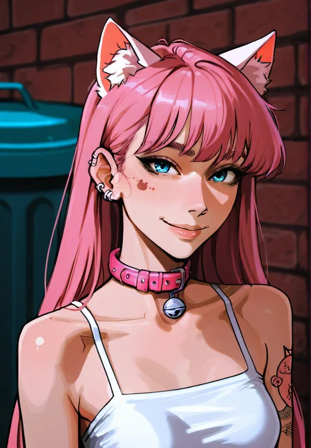 detailed drawing, hyperdetailed, portrait,<lora:INCASE-IL:1>, cute girl, smile, pink hair, cat ears, pink collar, piercings, white crop top, slender, small breasts (pookies) cat tattoos, long hair, brick background, trash can