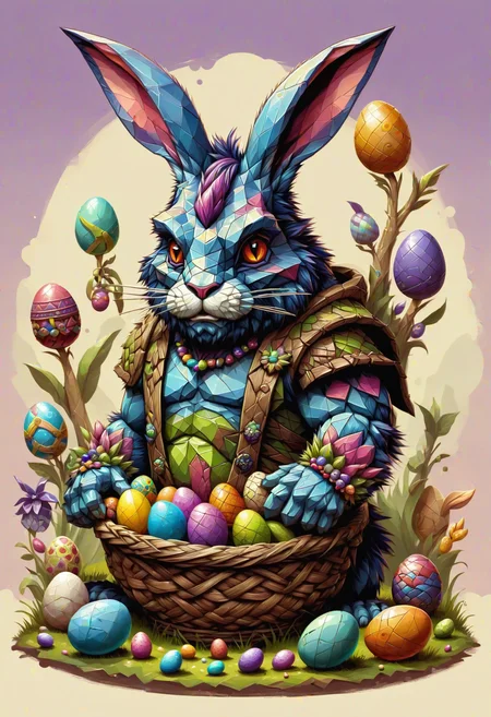 DonMG30T00nXL cartoon orc, anthropomorphic rabbit, colorful eggs, festive clothing and accessories, basket filled with easter eggs, fertility, rebirth, spring, cheerful, frenetic,earthy,snakelike,halo,flammable,transparent,ecosystem,impressive,twilight <lora:DonMG30T00nXL-000008:1>