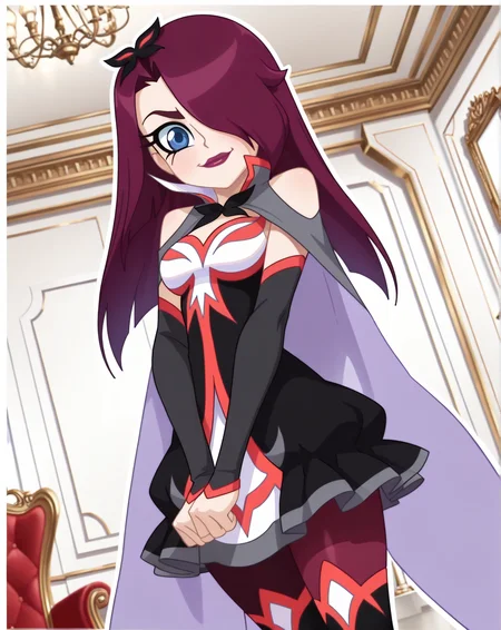 masterpiece, best quality, amazing quality, very aesthetic, absurdres, newest, solo, PraxinaZYN, 1girl, solo, purple hair, long hair, hair over one eye, blue eyes, makeup, lipstick, hair ornament, (dress, cape, shoulder cutout, detached sleeves, pantyhose, thigh boots), cowboy shot, looking at viewer, beautiful, ((beautiful face, beautiful eyes)), breasts, Wide Hips, Big thighs, standing,(smile, dutch angle, naughty pose, looking at viewer, indoors, elegant room, solo, dynamic pose, full_body, head tilt,),((white background, White frame, white outline))