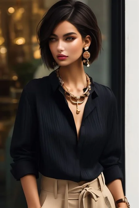 masterpiece, best quality, ultra detailed, perfect eyes, bellissima, 1girl, black collared shirt, brown pants, Armani style, very short hair, black hair, earrings, chain necklace, cowboy_shot