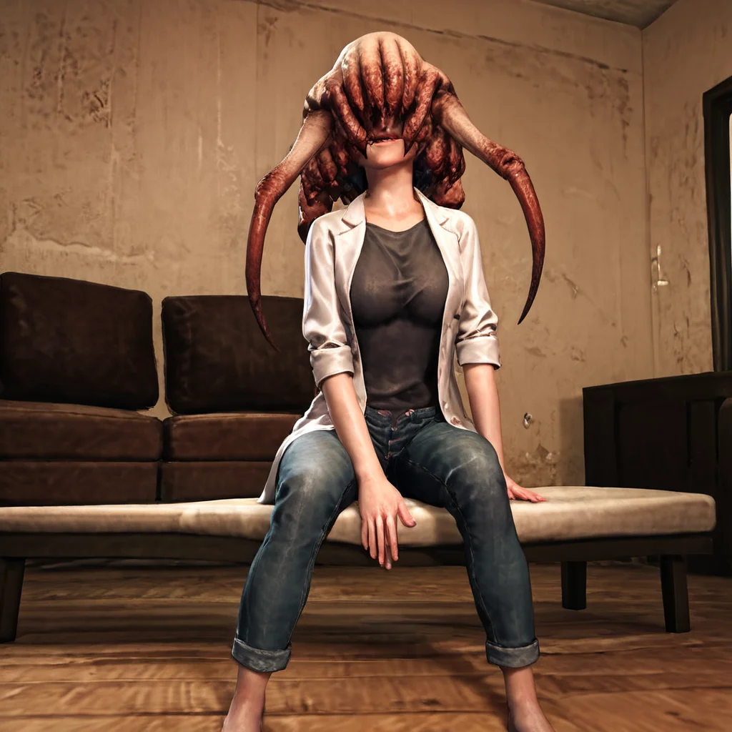 score_9, score_8_up, score_7_up, score_6_up, score_5_up, score_4_up, source_anime, female_headcrab, lab coat, sitting, living room, shirt, denim