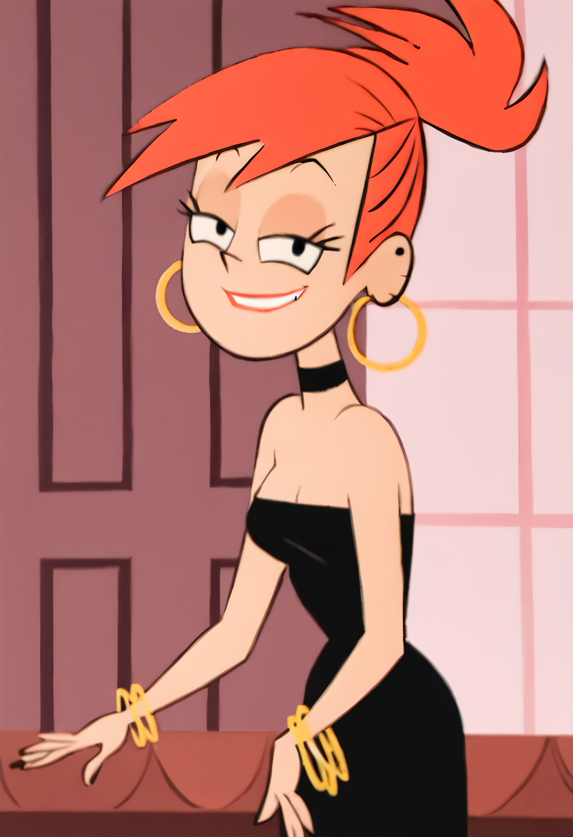 <lora:FrankiePony2.0:1> FrankieFoster, 1girl, lipstick, dress, black dress, solo, jewelry, red hair, smile, earrings, choker, hoop earrings, bangle, ponytail, high ponytail, bare shoulders,indoors, looking at viewer,  score_9, score_8_up, score_7_up, score_6_up, score_5_up, score_4_up