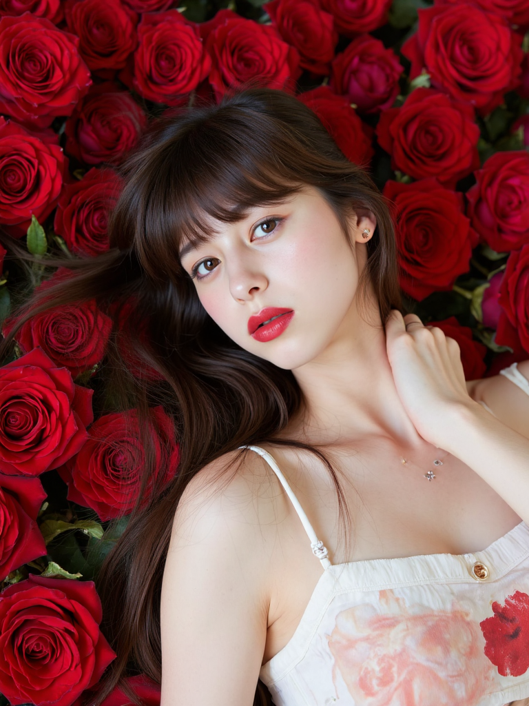 There are wonderful studio lights and various reflections,
18yo beautiful cute girl with blushing and female orgasm.skin naturally showing the texture of blood vessels and detailed pale skin,
--,
<lora:Nakajo_Ayami_f1:1>,she is Nakajo Ayami, A masterpiece full body photography âa breathtalking beautiful woman in a beautiful dress is lying in a sea of rosesâ,long hair,pale,skin,red lips,red roses,beautiful face,cute eyes,romance,love,award winning,,