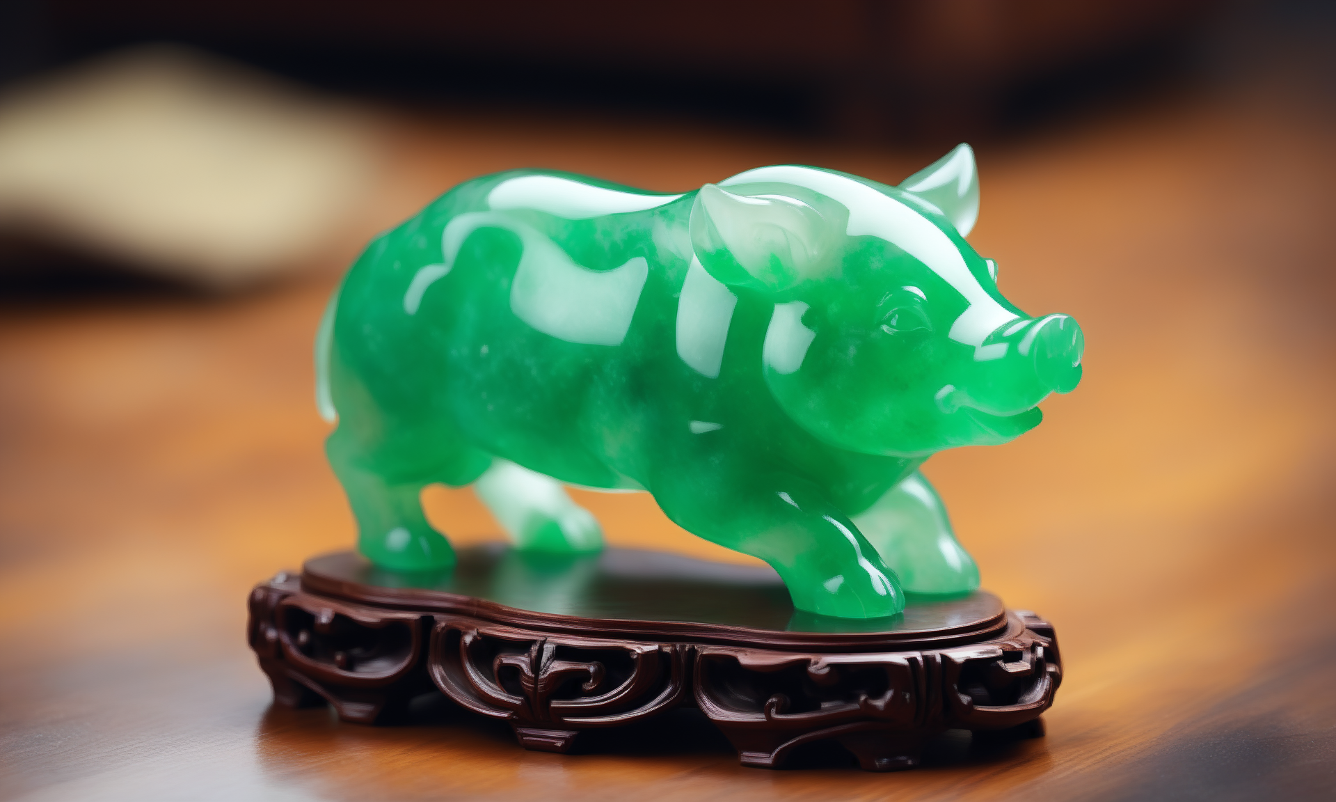 ethereal fantasy concept art of  <lora:jadeitecarvingcd_xl-000006:0.6>,a statue of a boar made of (green jadeite, transparent) on floor,tilt-shift,miniature,jadeitecarvingcd_xl with green theme,no humans,long-focus,indoors,chinese zodiac,wooden table,cutie,cute,still life,animal statue,front view,facing viewer,looking at viewer . magnificent, celestial, ethereal, painterly, epic, majestic, magical, fantasy art, cover art, dreamy