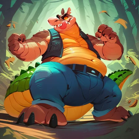 score_9, score_8_up, score_7_up, score_6_up, score_5_up, score_4_up, dingodile, dingo, crocodile tail, monster, mutant, scaly, furry, vest, jeans, fat, chubby, orange eyes, smile, tongue out, action pose, forest background,