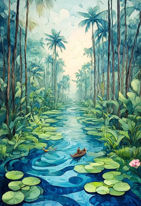 Victo Ngai Style, AtompunkSDXL, zydink, ink sketch, hkstyle, masterpiece, best quality, ink and watercolor fusion, high-detail surreal art, 8k HD scan of traditional paper medium, fluid bleed textures, fine line detailing, aerial oblique view, surreal landscape, abstract representation of Kerala coast and backwaters, winding canals twisting like serpentine ribbons, fragmented paddy fields forming mosaic patterns, elevated houseboats with floating staircases, soft glowing watercolor wash, warm coastal haze, muted golden dusk tones, traditional wooden houseboats, ink-lined contours, soft washes of terracotta and burnt sienna, translucent decks arching impossibly upward, disjointed rows of coconut palms stretching diagonally, ink-dripped shadows, broken roadways hovering over flooded fields, surreal perspective with bending planes, water bending upward at horizon, ducks swimming in spiral formations, bicycle floating above path without rider, clusters of blue water hyacinths spiraling like galaxies, exaggerated pink lotus flowers blooming from cracked riverbeds, flowing duckweed shaped like script across surface, ink swirl motion, controlled bleeding, paper texture interruptions, gravity-defying compositions, high contrast ink-watercolor blend, abstract geographic surrealism, Kerala reimagined through subconscious cartography, floating serenity and warped memory,
