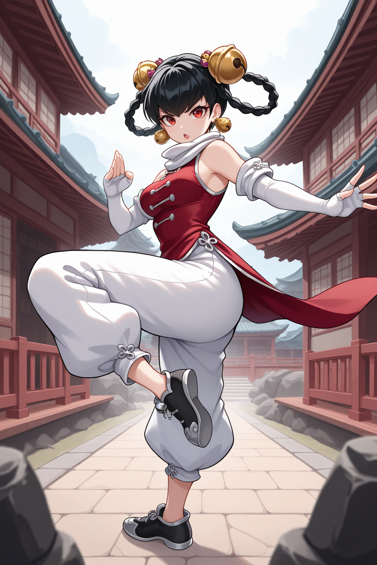 masterpiece, best quality, 1girl, solo,  <lora:opmlinlin-illu-nvwls-v1-000006:1> opmll, black hair, short hair, hair rings, twin braids, red eyes, hair bell, earrings, white scarf, red shirt, sleeveless shirt, detached sleeves, elbow gloves, fingerless gloves, white pants, baggy pants, medium breasts, black shoes, full body, standing on one leg, fighting stance, open mouth, serious, looking at viewer, east asian architecture, kick