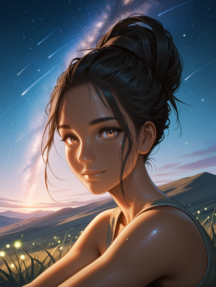 masterpiece, best quality, absurdres,
<lora:ILCyberPanam:1.0>
CyberPanam, 1girl, black hair, brown eyes, hair updo, dreads, tanned, looking at viewer, Stargazing on top of a hill, the Milky Way stretching out across the sky as fireflies gently illuminate the grass around her.