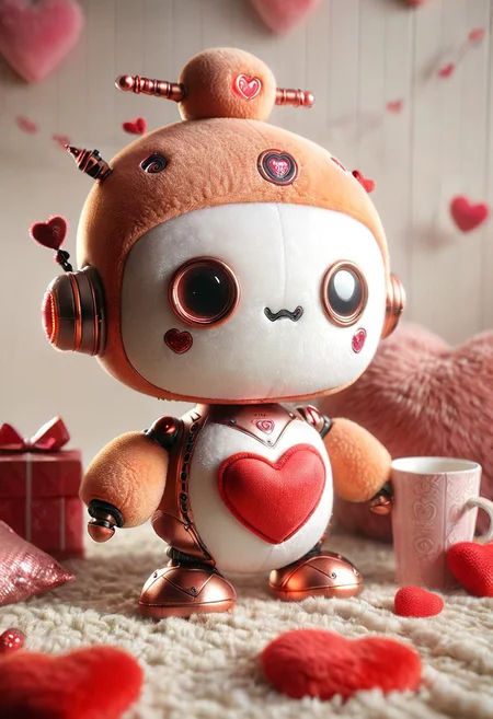masterpiece, best quality, absurdres, cute copper gear robot tea party made out of plush, ral-smlvltnpls, all plush