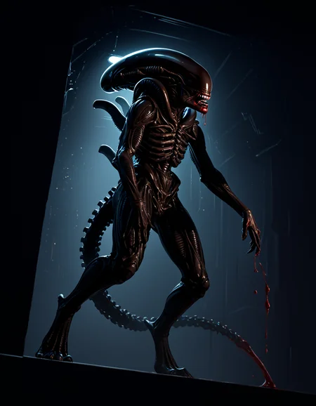 score_9, score_8_up, score_7_up, score_6_up, source_furry, solo, full-length portrait, spaceship background, night, digital art, <lora:Alien_-_Xenomorph_PONY:0.8> xenomorph, digitigrade, monster, backlighting, rimlight, cinematic, low-angle view, low angle view, <lora:dark_v1.9-pony:0.2> dark theme, dim lighting, silhouette, dark background, backlighting, <lora:GwentStyle_v2:0.6> gwentstyle, <lora:Darkgem_Style_PONY_XL:0.4> darkgem, covered in blood, blood splattered on wall in background