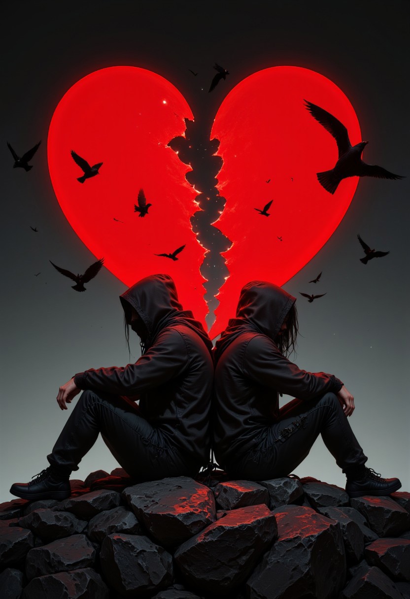 a dramatic and emotional style, featuring a split heart in the background. The layout is vertical, with two figures sitting back-to-back on a rocky surface. Both figures are wearing hoodies, with the person on the left having long hair and the person on the right having short hair. The heart is bright red, cracked down the middle, and surrounded by flying birds, creating a sense of separation and melancholy. The background is a gradient of dark gray to black, enhancing the contrast with the vivid red heart. The overall mood is somber and reflective, emphasizing themes of heartbreak and distance.