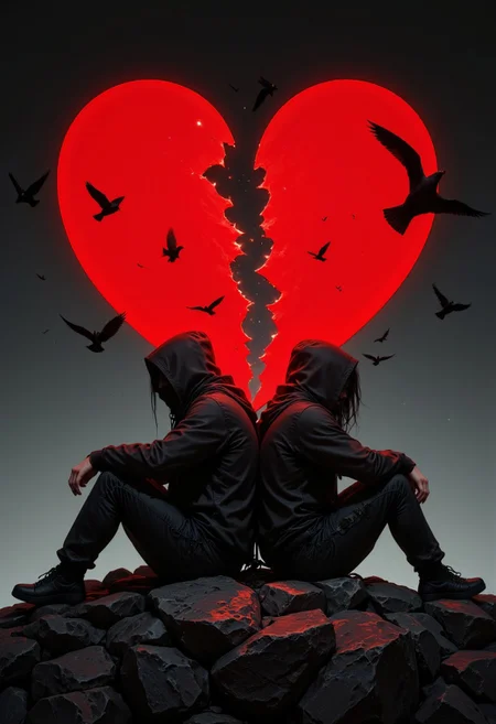 a dramatic and emotional style, featuring a split heart in the background. The layout is vertical, with two figures sitting back-to-back on a rocky surface. Both figures are wearing hoodies, with the person on the left having long hair and the person on the right having short hair. The heart is bright red, cracked down the middle, and surrounded by flying birds, creating a sense of separation and melancholy. The background is a gradient of dark gray to black, enhancing the contrast with the vivid red heart. The overall mood is somber and reflective, emphasizing themes of heartbreak and distance.