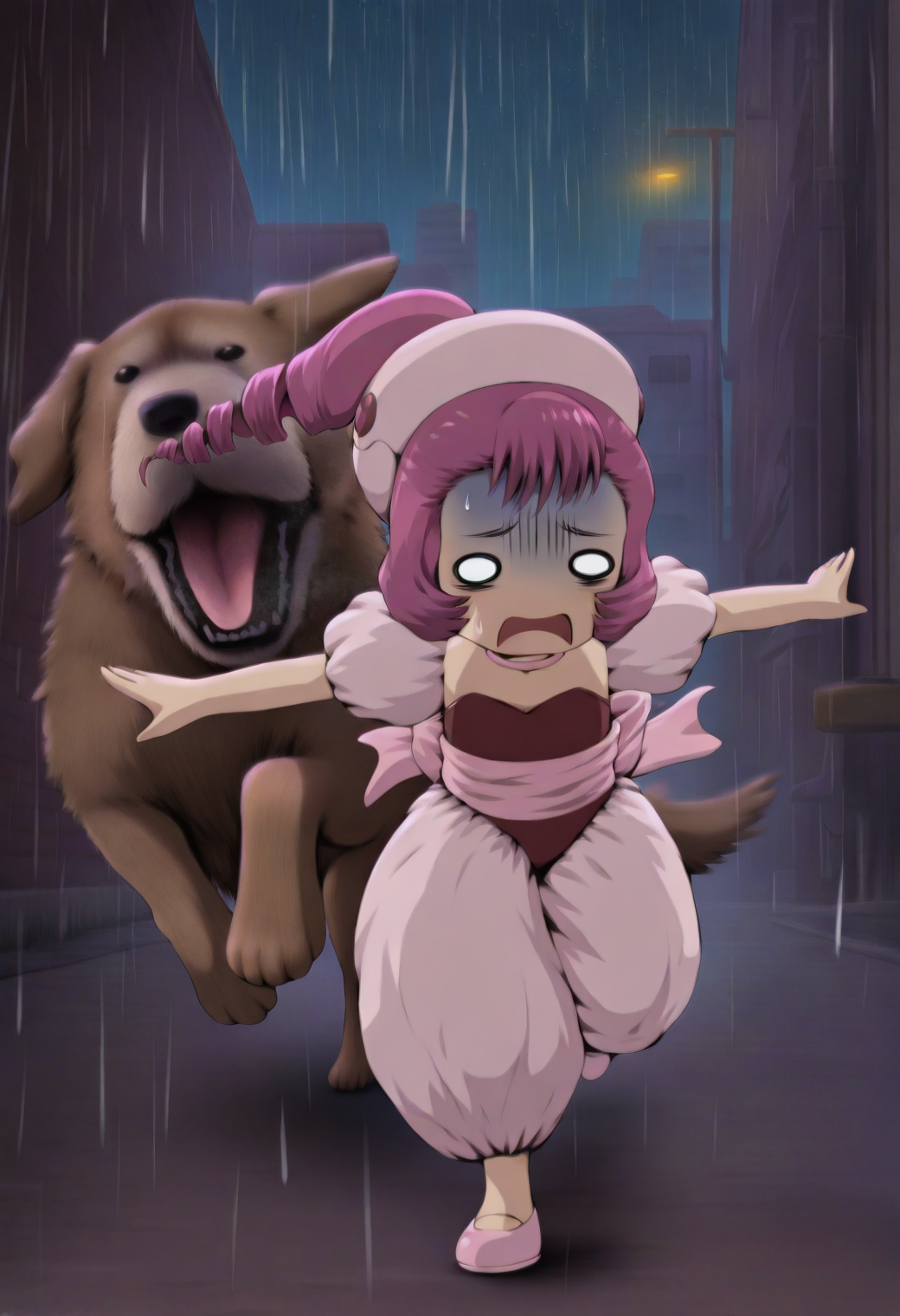 <lora:sumomo_kotoko_illustrious_xl_v2:1>, sumomo, 1girl, pink hair, hat, drill ponytail,
pink choker, puffy short sleeves, pink sash, strapless red leotard, baggy pants, white pants, pink shoes,
running, chasing, sweatdrop, scared, turn pale, spiral-only eyes, open mouth, spread arms, (dog), animal, huge dog, brown fur, alley, ground, wall, mini person, size difference, building, city, starry sky, night, raining, wet, dark,
asou \(asabu202\), masterpiece, best quality, newest, absurdres, highres