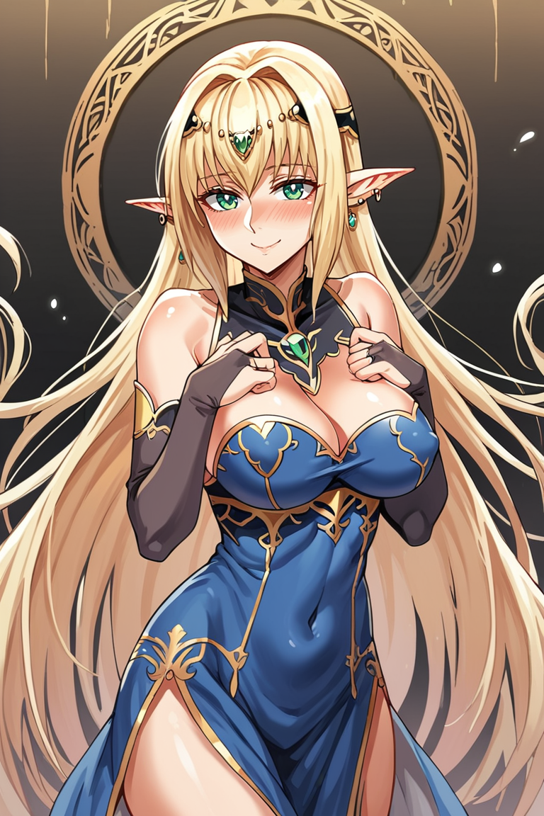 score_9, score_8_up, score_7_up, score_6_up, score_5_up, score_4_up, masterpiece, best quality, BREAK, blonde hair, princess_alfilia, green eyes, , breasts, pointy ears, long hair, red jewelry, elf, earrings, 1girl, large breasts, blue dress, , bridal gauntlets, covered nipples, navel, earrings, bridal gauntlets, smile, blush, very long hair, cleavage, dress, looking at viewer