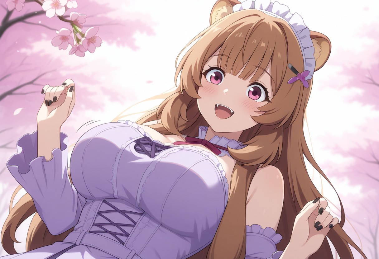 masterpiece, cute, lovely, (best quality:1.3), (amazing quality:1.3), very aesthetic, 1girl, (Kamuo_Style), anime screencap, raphtalia, raccoon ears, fluffy racoon tail, breasts, smiling, open eyes, big eyes, big breasts, blush, close mouth, happy, excited, cell shading BREAK, cherry blossoms background, leaning back, leaning to the side, light purple gothic dress with ribbon, headdress, x hairpin, fangs, chocker with ruby, smile, thigh high garters, Platform high heel boots, thighhigh, black nails, detached sleeves, free pose, delicate skin texture, fair skin, delicate face, long eyelashes, pastels, bright tones, wind, light particles, light, bright tones, motion lines, extremely detailed, intricate, delicate details, movie lighting, very beautiful, absurd, dynamic graphics, dynamic angles, special movements, dynamic poses, action poses, dynamic movements, (Illustration: 1.2), (8K Wallpaper), (Beautiful, pretty eyes: 1.2), Delicate eyes, beautiful, soft colors, clear line, soft, pastel, colorful, upper body