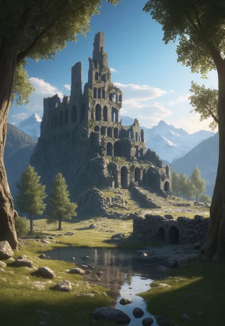 (ruins, broken, snow, dappled sunlight:1.2), sun, tree, forest, scenery, rock, reflection, ancient, overgrown, mountains, sunset, clouds, mountainous horizon, fantasy, medieval, 1other, looking away (masterpiece, exceptional, best aesthetic, best quality, masterpiece, extremely detailed:1.2), in the style of umempart
 (8k uhd:1,4)
 <lora:add-detail-xl:1>
 <lora:Dynamic Poses:1>