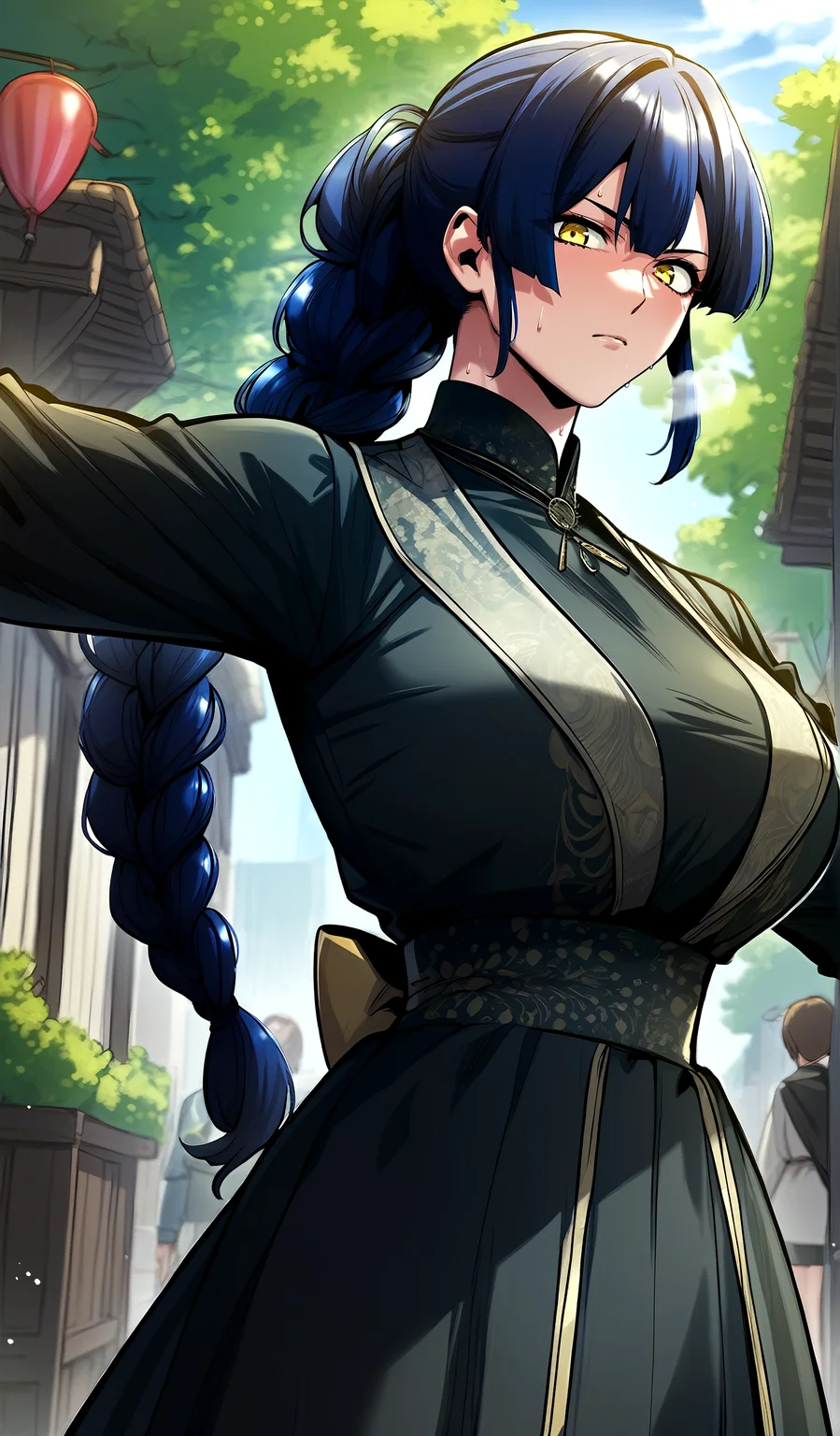 score_9, score_8_up, score_7_up, score_6_up, source_anime, rating_explicit, <lora:neg4all_bdsqlsz_V3.5:2.0>1girl, (solo:1.2), huge breasts, <lora:Flora Lumosponyxl:1> yellow eyes, blue hair, long hair, bangs, single braid, braided ponytail, long sleeves, black dress, serious, Narrow shoulders, sweat, heavy breathing, steaming body, party, outdoor, looking at viewer, spread arms
