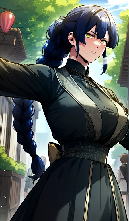 score_9, score_8_up, score_7_up, score_6_up, source_anime, rating_explicit, <lora:neg4all_bdsqlsz_V3.5:2.0>1girl, (solo:1.2), huge breasts, <lora:Flora Lumosponyxl:1> yellow eyes, blue hair, long hair, bangs, single braid, braided ponytail, long sleeves, black dress, serious, Narrow shoulders, sweat, heavy breathing, steaming body, party, outdoor, looking at viewer, spread arms