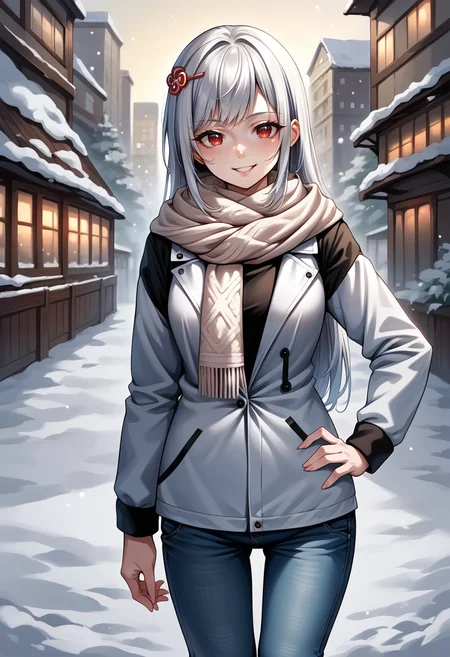 score_9, score_8_up, score_7_up, source_anime, BREAK 1girl, looking at viewer, smile, hand on hip, <lora:KasaneSN-pdxl:1> defKasane, long hair, red eyes, hair ornament, medium breasts, winter coat, knit scarf, jeans, outdoors, snow, city