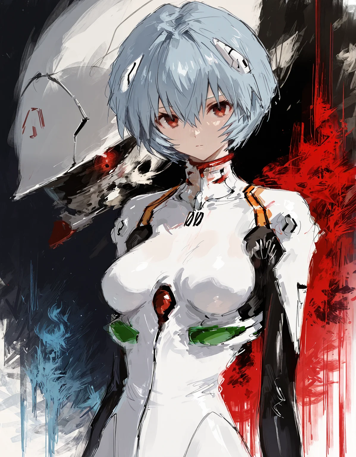 masterpiece, best quality, newest, highres, absurdres, <lora:fuyumur4s4ki_style:1>,fuyumur4s4ki_illu, ayanami rei, 1girl, solo, plugsuit, white bodysuit, bodysuit, blue hair, short hair, red eyes, looking at viewer, breasts, hair between eyes, closed mouth, bangs, interface headset, expressionless, upper body,abstract character