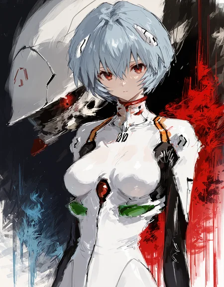 masterpiece,  best quality, newest, highres, absurdres,  <lora:fuyumur4s4ki_style:1>,fuyumur4s4ki_illu, ayanami rei, 1girl, solo, plugsuit, white bodysuit, bodysuit, blue hair, short hair, red eyes, looking at viewer, breasts, hair between eyes, closed mouth, bangs, interface headset, expressionless, upper body,abstract character