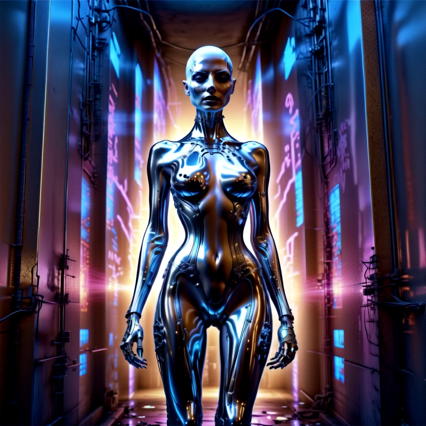 Vintage pinup style cyberpunk style,female with chorme skin, (full body:1.331), hightech_robotics (Pinhead:1.1) (Hellraiser) with light in his eyes and dark smoke around his body, (white head:1.3), (neon crisscrossing fine lines on face:1.2), (many neon pins pricked the entire head), BREAK stands still in a back alley, looking out to the crowded main street with neon sign, he is hoping to find the next victim, outdoors, high-tech cyberpunk nightcity background, (unreal engine), ray tracing, dynamic light, godrays, reflections, fisheye view, from below angle, long distance shot, hyper detailed, high quality, neon, dystopian, futuristic, digital, vibrant, detailed, high contrast, reminiscent of cyberpunk genre, (by h.r. giger:1.04),bloody flesh, vampire teeth,,. Retro swimsuits, playful poses, vibrant backdrop, kitschy Americana