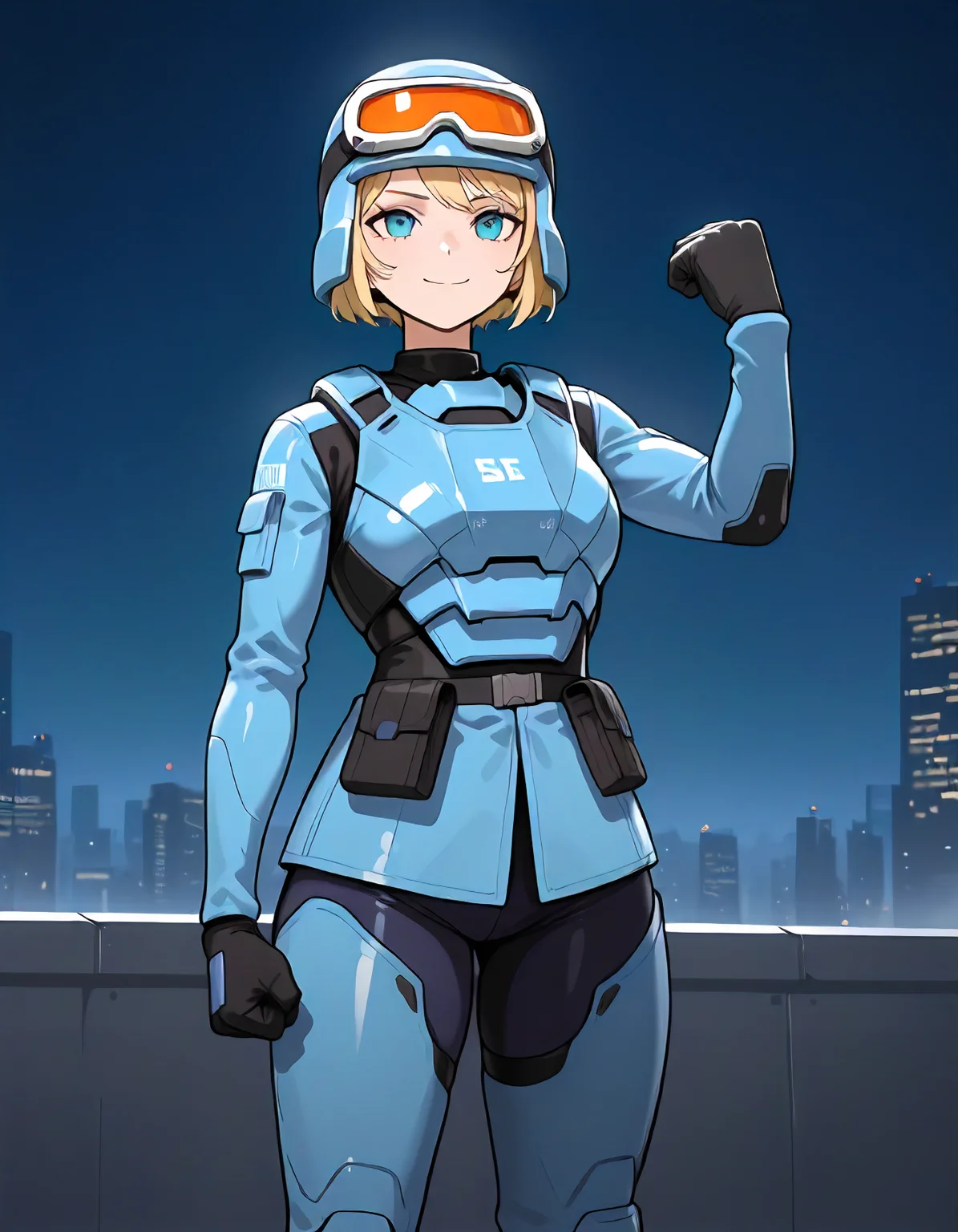 1girl, solo, medium breasts, <lora:S.E.A.F_Girl_New_epoch_3:1>, seafgirl, short blonde hair, helmet, goggles on head, gloves, bulletproof vest, military uniform, blue bodysuit, science fiction, parody, standing at attention, clenched hand, raised fist, cityscape, night, futuristic, determined, stern look, focused, smile, masterpiece, best quality, newest, absurdres, highres, very awa,