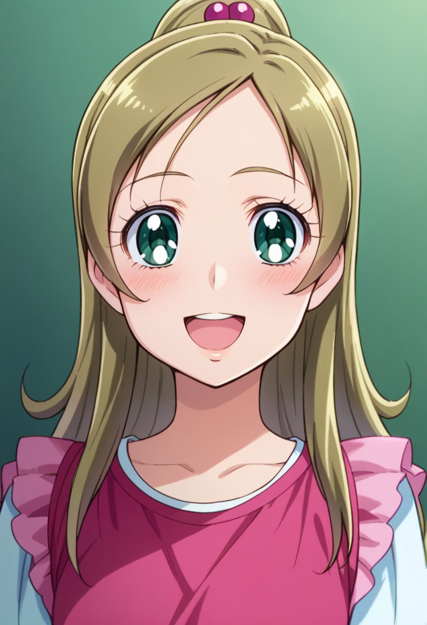 score_9, score_8, score_7, source_anime, minamino kanade, 1girl, solo, hair bobbles, looking at viewer, blush, smile, shirt, open mouth, ponytail, eyelashes