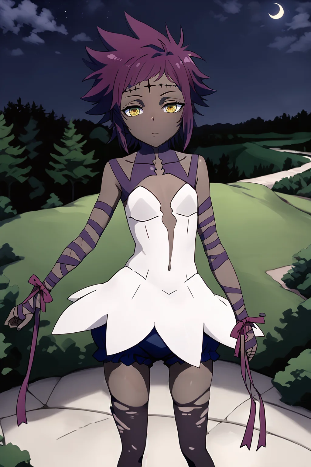 sharp focus, pixiv masterpiece, intricate details, expressionless, source_anime, score_9_up, score_8_up, score_7_up, score_9, looking at viewer,
, highres,, 1girl,solo, remarkable, absurd res, forest, <lora:roadkamelot_PonyXL_0.3:1>, hwnoahroad, cowboy shot, white_noah_dress, bloomers, brown skin, wrist_ribbons, purple_markings, amber_eyes, forehead_crosses, ripped_stockings, looking at viewer, night, standing, cliff, high ground