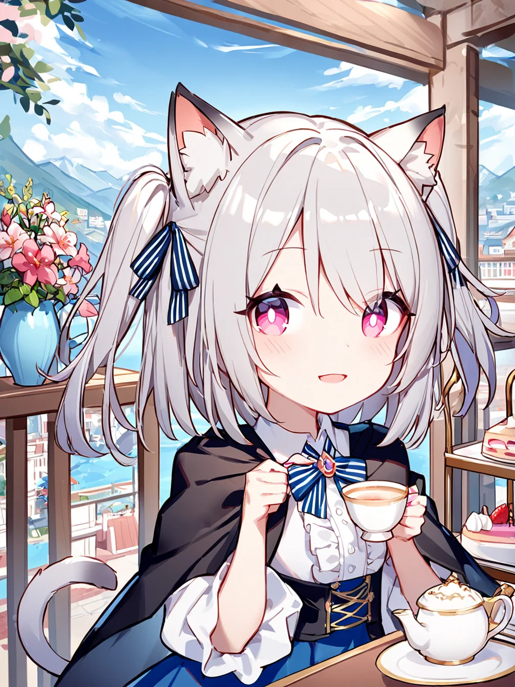 1girl,solo,cat ears,animal ear fluff,hair ribbon,pink eyes,grey hair,short hair,two side up,bangs,hair between eyes,eyebrows visible through hair,blush,closed mouth,pink nail polish,white shirt,collared shirt,center frills,bowtie,striped bow,black cape,blue skirt,frilled skirt,cat tail,
holding,holding cup,looking at viewer,light smile,open mouth,
railing,day,tiered tray,outdoors,teapot,cup,balcony,potted plant,mountainous horizon,wind,city,table,falling petals,flower,tea,building,sky,architecture,cake,plate,ocean,vase,water,saucer,plant,teacup,upper body,close up,
<lora:ag31-quan_1-000036:1>,