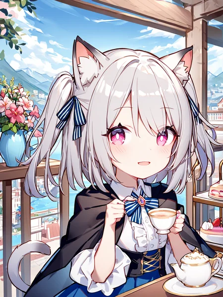 1girl,solo,cat ears,animal ear fluff,hair ribbon,pink eyes,grey hair,short hair,two side up,bangs,hair between eyes,eyebrows visible through hair,blush,closed mouth,pink nail polish,white shirt,collared shirt,center frills,bowtie,striped bow,black cape,blue skirt,frilled skirt,cat tail,
holding,holding cup,looking at viewer,light smile,open mouth,
railing,day,tiered tray,outdoors,teapot,cup,balcony,potted plant,mountainous horizon,wind,city,table,falling petals,flower,tea,building,sky,architecture,cake,plate,ocean,vase,water,saucer,plant,teacup,upper body,close up,
<lora:ag31-quan_1-000036:1>,