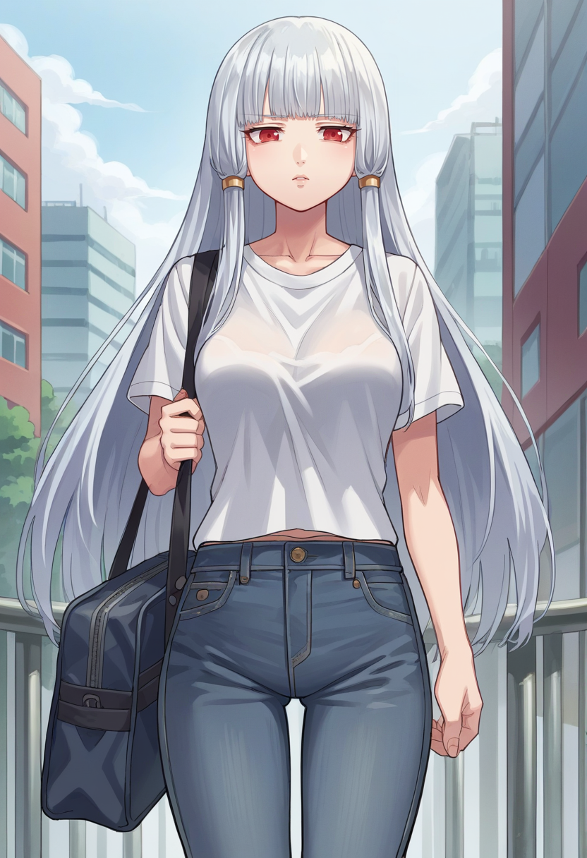 score_9, score_8_up, score_7_up, source_anime  BREAK    1girl, Uematsu Rikako, silver hair, long hair, red eyes, white t-shirt, jeans, city, holding school bag,     <lora:RikakoPonyXLNoscale-000009:1>