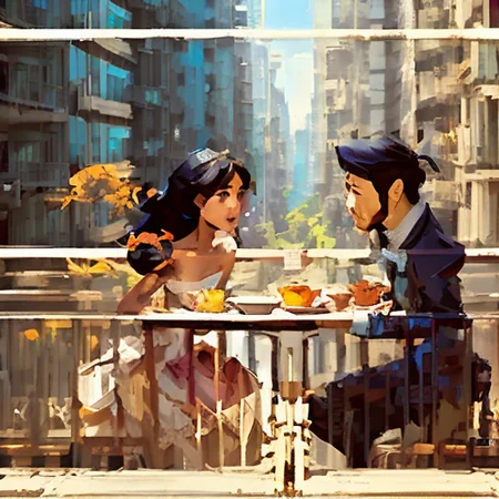 a  photo of a couple having breakfast on a balcony in the city of tokyo  by craig mullins   512SpeedPainter
