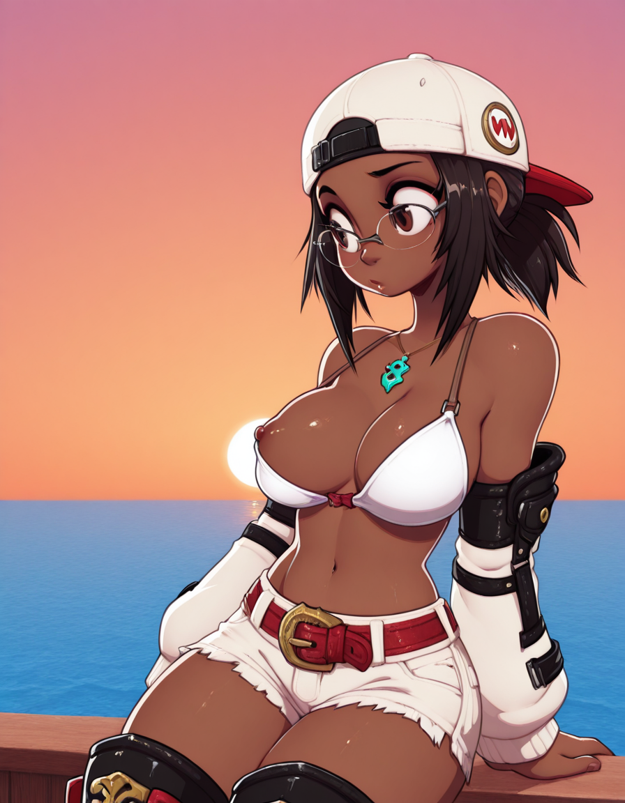 aija_bikini_top, white bikini top, aija_backward_cap, aija_detached_sleeves, aija_shorts, aija_accessories, aija_belt, aija_boots, necklace,  glasses, brown eyes, solo, kissing nipples, ocean, (vivid high contrast colors), short cartoony simplistic art style mix, wakfu, (speedoru:0.6), (diives:0.7),
   <lora:Aijalon_FFXIV_OC_Solution_9_WHM:0.7> <lora:DarkfireStyle15:1>