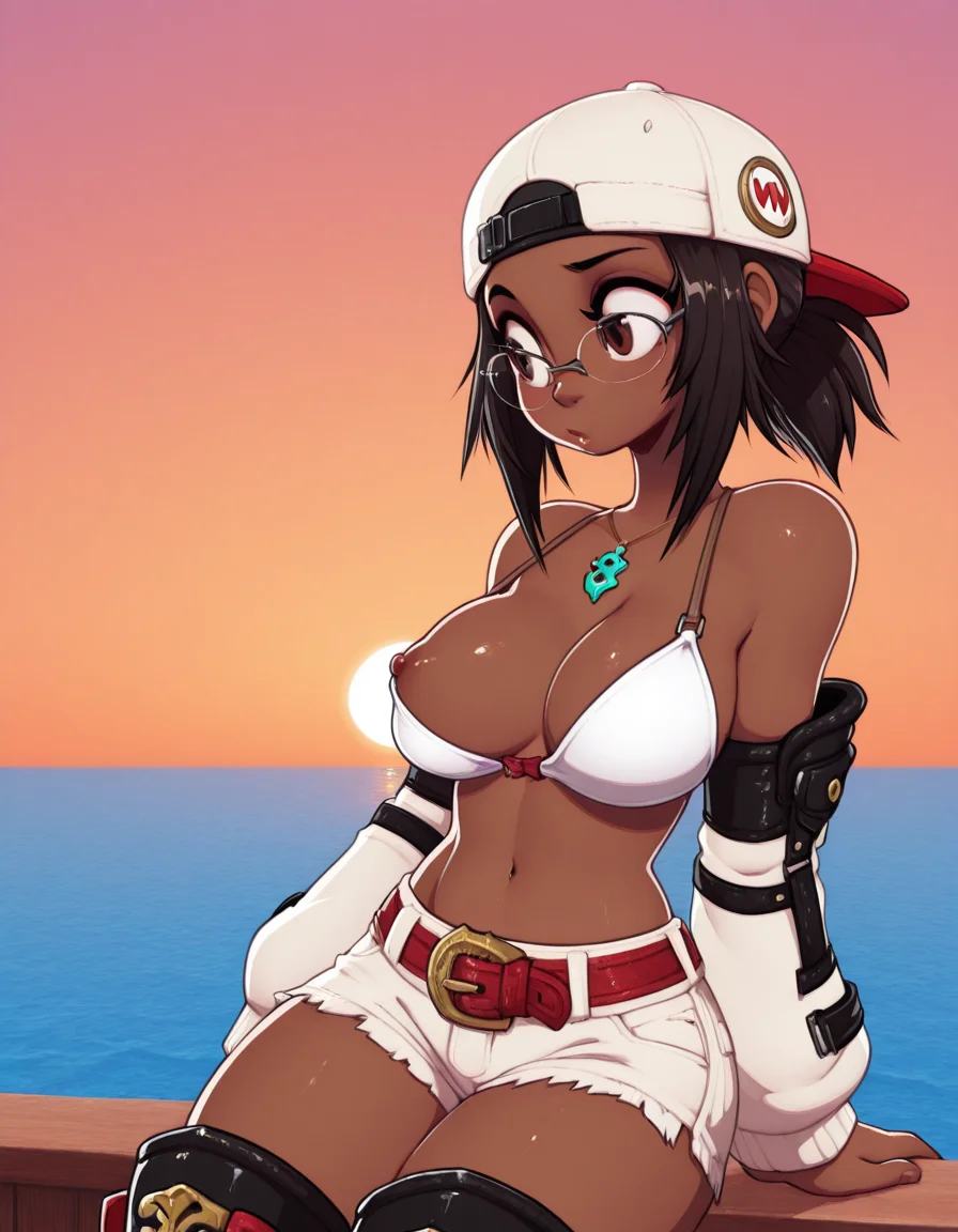 aija_bikini_top, white bikini top, aija_backward_cap, aija_detached_sleeves, aija_shorts, aija_accessories, aija_belt, aija_boots, necklace, glasses, brown eyes, solo, kissing nipples, ocean, (vivid high contrast colors), short cartoony simplistic art style mix, wakfu, (speedoru:0.6), (diives:0.7),
<lora:Aijalon_FFXIV_OC_Solution_9_WHM:0.7> <lora:DarkfireStyle15:1>