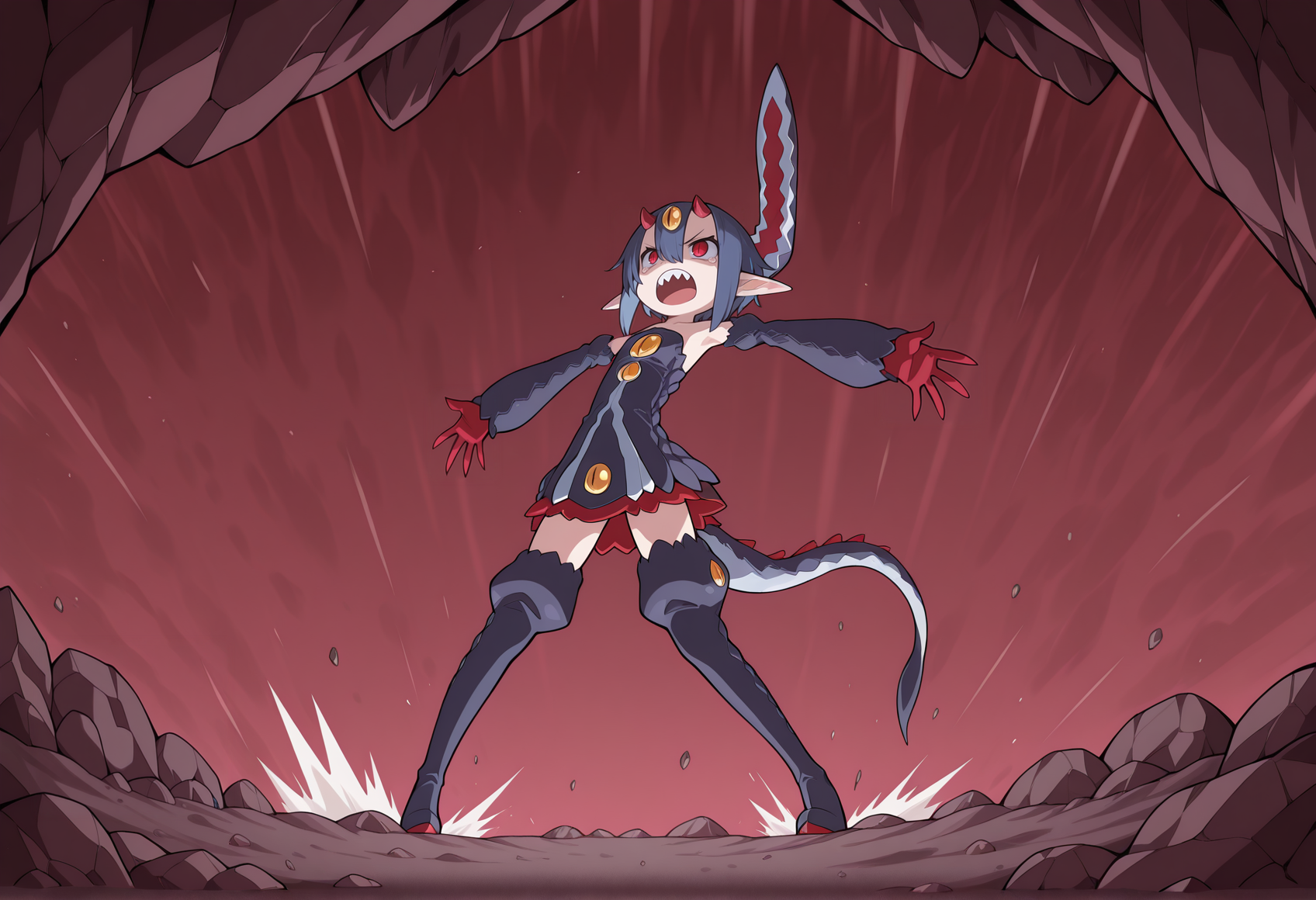 1girl, monster girl, short hair, blue hair, red eyes, horns, forehead jewel, slit pupils, pointy ears, short dress, detached sleeves, claws, thigh boots, angry, roaring, open mouth, sharp teeth, facing up, rock, full body, outstretched arms, speed lines, valley, solo <lora:desco_disgaea:0.8> <lora:akihito2rep:1>, masterpiece, best quality, amazing quality, very aesthetic, absurdres, highres, newest