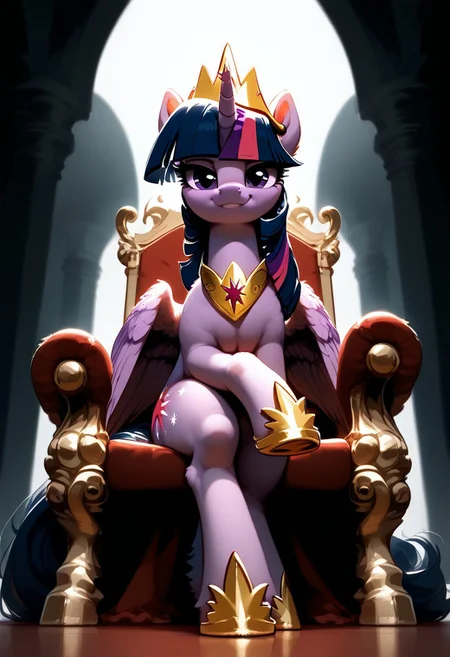rating_questionable, score_9, score_8_up, score_7_up, pony, feral, alicorn, princess twilight sparkle, wings, big size, sitting on Theone, sitting on a throne, legs crossed, portrait, smug smile, throneroom, look at viewer, crown, from below, hooves, bright lighting, detailed, realistic, BREAK, zPDXL3, MegaFluffyPony, fluffy, shiny,