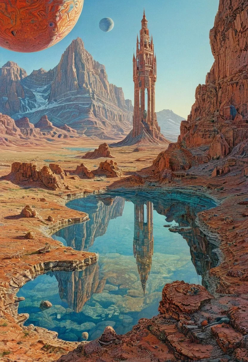 appears trapped in an optical illusion of reflections and refractions. aboriginal psychedelic art, and the four corners of the universe, painted by rene magritte Illustration by moebius, a tower in a desert, intricate details, by David B. Mattingly, inside the picture is infinity, intricately detailed, complex, elegant, expansive, fantastical, film photography style, medium grain, FRESHIDESH Moebius comic book
