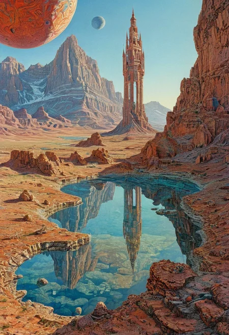 appears trapped in an optical illusion of reflections and refractions. aboriginal psychedelic art, and the four corners of the universe, painted by rene magritte Illustration by moebius, a tower in a desert, intricate details, by David B. Mattingly, inside the picture is infinity, intricately detailed, complex, elegant, expansive, fantastical, film photography style,  medium grain, FRESHIDESH Moebius comic book
