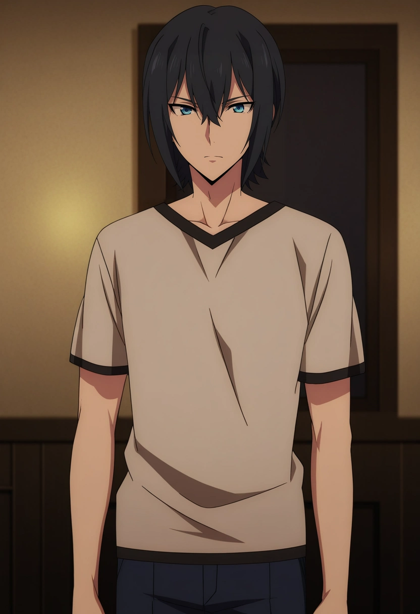 masterpiece, best quality, anime screencap, official style, anime coloring, cowboy shot, 1boy, solo, male focus, <lora:ren_amaki_ilxl:1>, ren_amaki, black hair, blue eyes, hair between eyes, ,