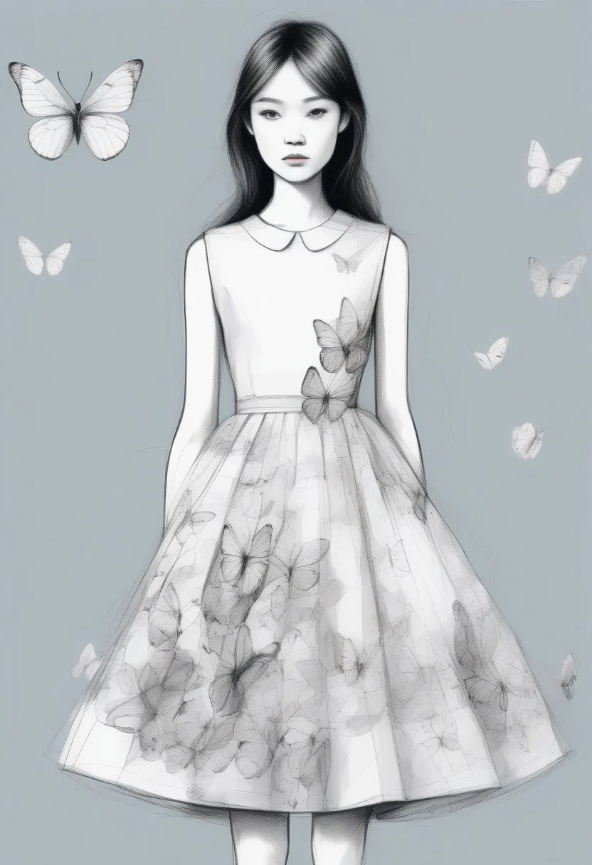 pure white butterflies print_dress, sketch