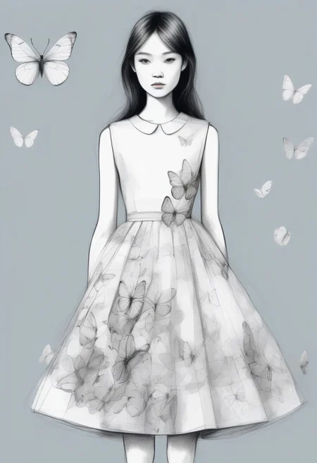 pure white butterflies print_dress, sketch