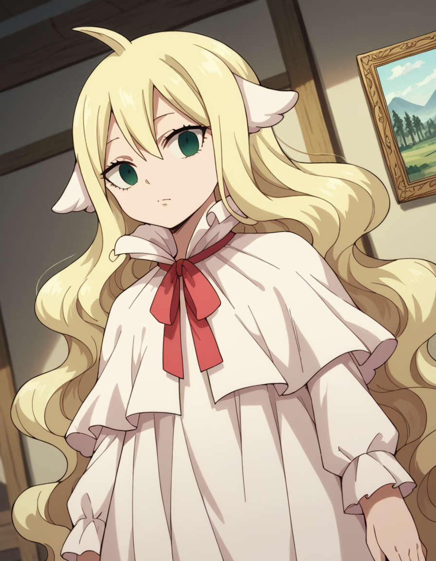 score_9, score_8_up, score_7_up, source_anime, <lora:mavis-vermillion-anime-ponyxl-lora-nochekaiser:1>, mavis, long hair, blonde hair, green eyes, ahoge, wavy hair, animal ears,, dress, white dress, collar, ribbon, red ribbon, capelet, long sleeves,, museum, art exhibit, paintings, observing, quiet contemplation, cultural experience, , looking at viewer, hand palm facing down, solo,, cowboy shot, dutch angle