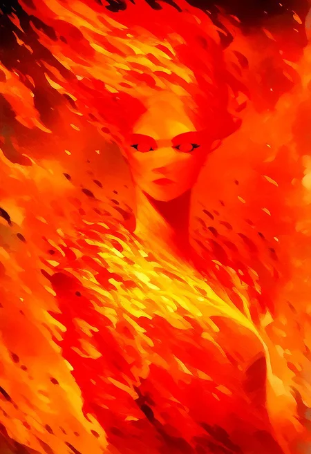 score_9, score_8_up, score_7_up, score_6_up, watercolor painting, aesthetic, 1woman, solo, fire elemental woman, bright flaming hair, flames, fire, detailed face, detailed red eyes, (masterpiece: 1.2) on a pastel red canvas